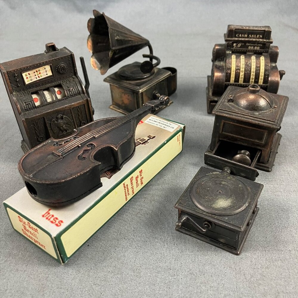 6 Metal Miniature Furniture-Grinder(knob broken)  Victrola Cash Register Bass